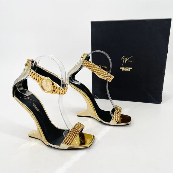 Giuseppe Zanotti for Christian Cowan Gold Watch Buckle Wedge Sandals IT 37.5 - Picture 1 of 15